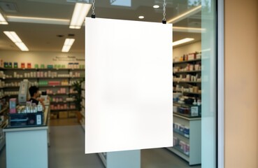 Blank white banner hangs on pharmacy store window. Store interior is visible through the glass. Possible advertisement or promotion. Location is likely a local pharmacy or cosmetics store.