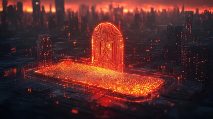 Poster - A futuristic cityscape with a glowing fingerprint scanner. Represents biometric security and digital identity in a cyberpunk metropolis. Ideal for cybersecurity or sci-fi themes.