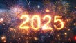 © Rustam - vibrant fireworks exploding in the night sky with the glowing numbers '2025' in bold, golden typography, creating a festive and celebratory scene.
