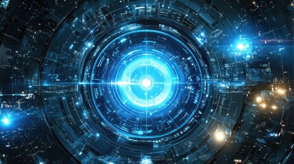 Poster - Futuristic blue portal with intricate details. Ideal for sci-fi game backgrounds or abstract technology presentations.