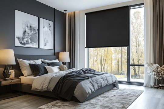 Modern bedroom interior with blackout roller blinds providing privacy and light control