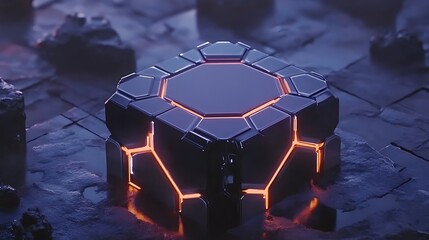 Poster - illuminated hexagonal cube on dark surface