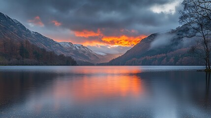 Wall Mural - Fiery sunset over calm lake reflecting mountains and clouds.