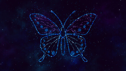 Wall Mural - butterfly shiny glitter glowing stars on night sky , meditation and space science background	
