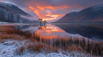 Wall Mural - Sunrise over frosty lake with tree reflection.