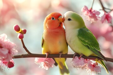 Wall Mural - Two lovebirds showing affection on a blooming branch