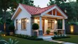 © tbcanvas11 - It is a small modern bungalow, with a red tile roof, white exterior walls, stone accents, and large windows. It is a nice home.