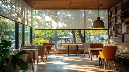 Aufkleber - Sunlight illuminating modern cafe interior with wooden furniture
