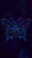 Wall Mural - butterfly shiny glitter glowing stars on night sky animation, meditation and space science social media vertical motion background