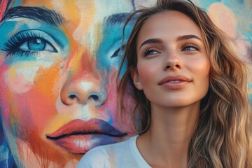 Poster - Model posing near colorful graffiti of a woman face