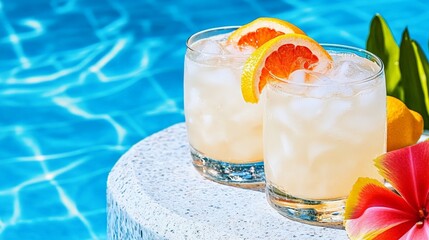 Poster - Two glasses of refreshing cocktails with grapefruit slices, ice cubes, and tropical flowers are sitting by a sparkling blue pool on a sunny summer day, creating a perfect vacation scene