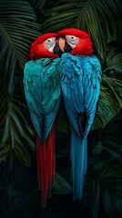 Wall Mural - Two vibrant macaws cuddling amidst lush tropical foliage.