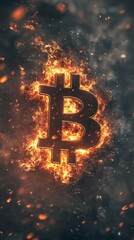 Aufkleber - Bitcoin symbol burning in bright flames on a dark background, representing the volatility and risk associated with cryptocurrency investment