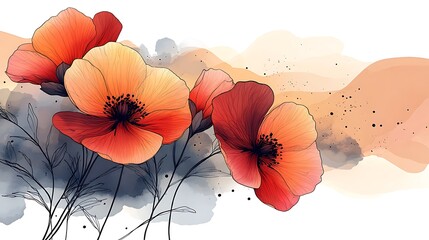 Wall Mural - Elegant Orange Poppies Watercolor Art Floral Design