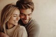 © Dina - happy couple embracing each other warmly, with genuine smiles and a neutral backdrop,, valentines day celebration, love, dating and relationship