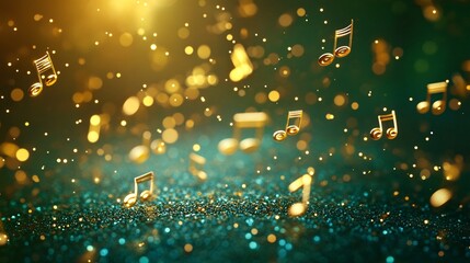 Poster - A mesmerizing display of golden music notes sparkling among a backdrop of shimmering green and gold lights.