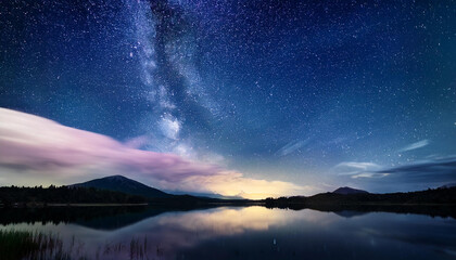 Wall Mural - night sky with clouds lake and stars at night