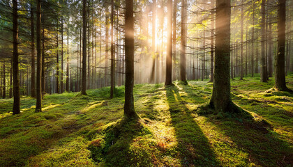 Wall Mural - beautiful shining sun beams in magic mossy wood landscape
