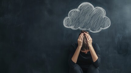 Fototapete - Woman sitting on the floor in front of a blank blackboard, holding her head in her hands, with an empty thought bubble above, expressing her mental struggles