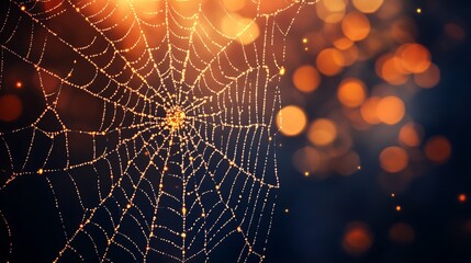 Dewdrops glisten on a spiders intricate web design