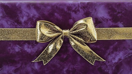 A purple gift box adorned with a shiny gold ribbon and bow.