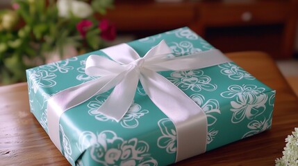 Wall Mural - A beautifully wrapped gift box with a floral design and ribbon.