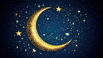 Wall Mural - A golden, glittery crescent moon and stars on a dark blue, starry night. Ideal for Ramadan, Eid, or other celestial-themed projects.