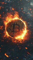 Aufkleber - Golden bitcoin is burning surrounded by flames on a dark background with sparks, representing the volatility and risk associated with cryptocurrency investment