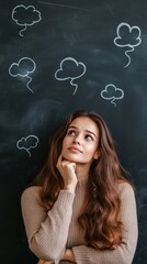 Poster - Young woman with long brown hair is thoughtfully holding her chin. Pondering ideas represented by speech bubbles sketched on a chalkboard behind her. Symbolizing brainstorming and creative thinking