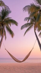 Poster - Empty hammock swaying gently between two palm trees on a tropical beach, capturing the essence of relaxation during a stunning sunset, creating an idyllic vacation atmosphere