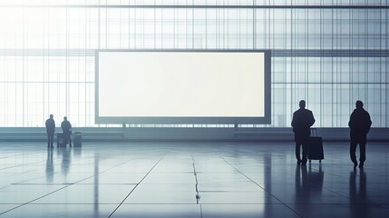 Poster - An empty advertising billboard in an airport terminal with passengers, on a glass and metal background, concept of travel advertising , HD image