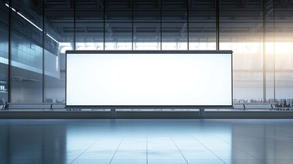 Poster - An empty advertising billboard in an airport terminal with passengers, on a glass and metal background, concept of travel advertising , HD image