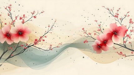 Wall Mural - Delicate Pink Blossoms Adorn Elegant Abstract Waves