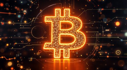 Poster - Glowing bitcoin sign illuminating futuristic circuitry background