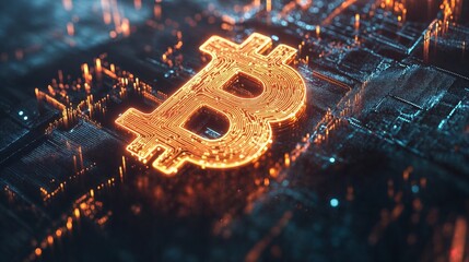 Poster - Glowing bitcoin sign illuminating complex circuitry on motherboard