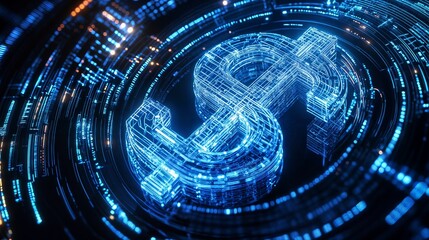 Poster - Digital dollar symbol rotating in cyberspace with futuristic hud interface