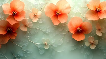 Wall Mural - Peach blossoms and delicate leaves on a teal background