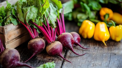 Wall Mural - Bright beets with leafy greens and yellow peppers are artfully arranged on a wooden surface, highlighting the freshness of ingredients perfect for a healthy salad