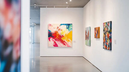 Poster - Vibrant abstract paintings adorn white walls in a contemporary art gallery space