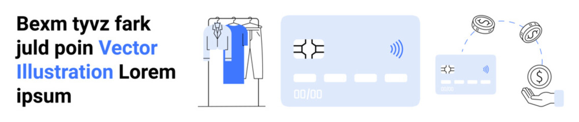 Man selecting clothes, credit card with chip and wireless payment, looping arrows indicating transaction flow, hand holding coins and card. Ideal for e-commerce, digital payments, shopping