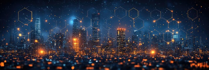 Poster - Futuristic cityscape at night with glowing hexagons.