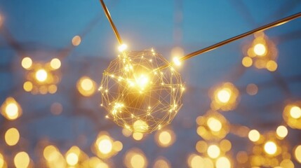 Aufkleber - A glowing geometric sphere connected by golden rods suggests network connectivity or data flow. Ideal for technology or innovation visuals.