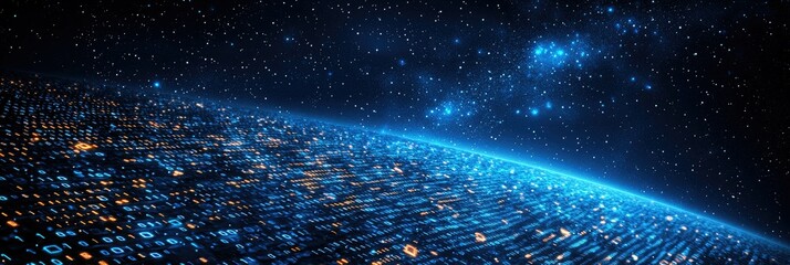 Poster - Futuristic digital globe with glowing lights and cosmic background.