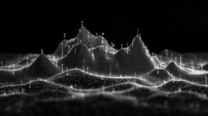 Aufkleber - Abstract black and white particle landscape. Perfect for data visualization, technology backgrounds, or website headers.