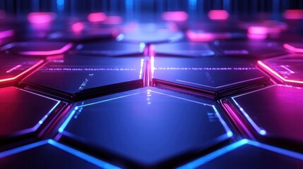 Aufkleber - Futuristic hexagonal surface with neon glow. Ideal for technology backgrounds, website headers, or game interfaces.