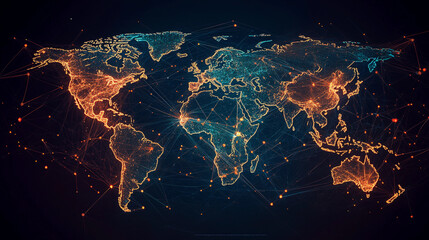 Poster - Global network of connections displayed on a digital world map. Generative AI