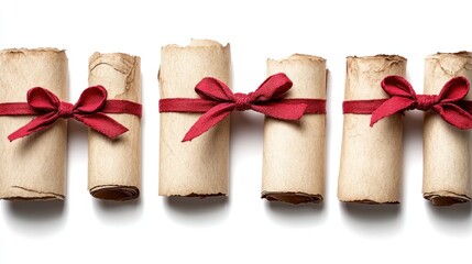 Wall Mural - Five aged paper scrolls tied with red ribbon on a white background. Ideal for invitations, announcements, or historical-themed designs.