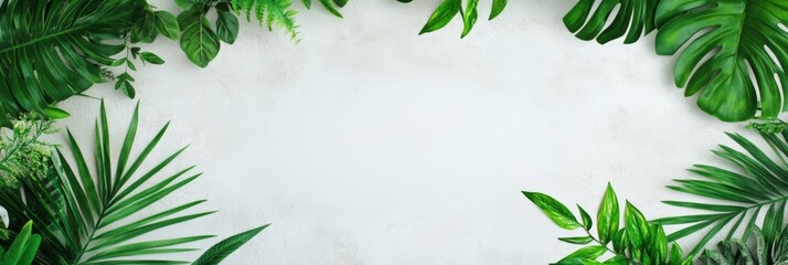 Poster - Lush tropical green leaves creating a natural frame on an empty grey concrete wall, offering a perfect backdrop for design mockups and showcasing various concepts