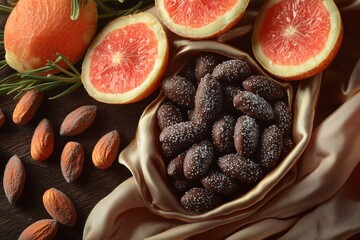 Poster - chocolate-covered almonds with glittering sugar and silk pouches