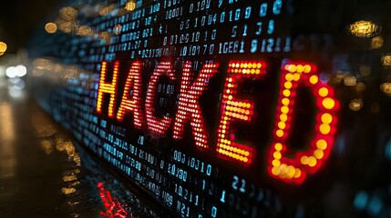Fototapete - Glowing 'Hacked' sign on digital screen.
